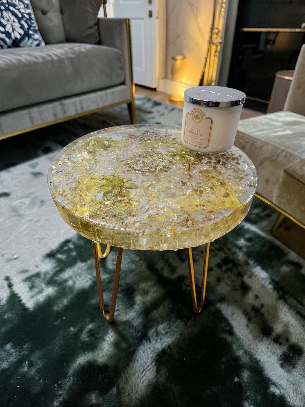 Golden hand-designed Resin Artwork Table with encased Crystals: Accent Decor Table