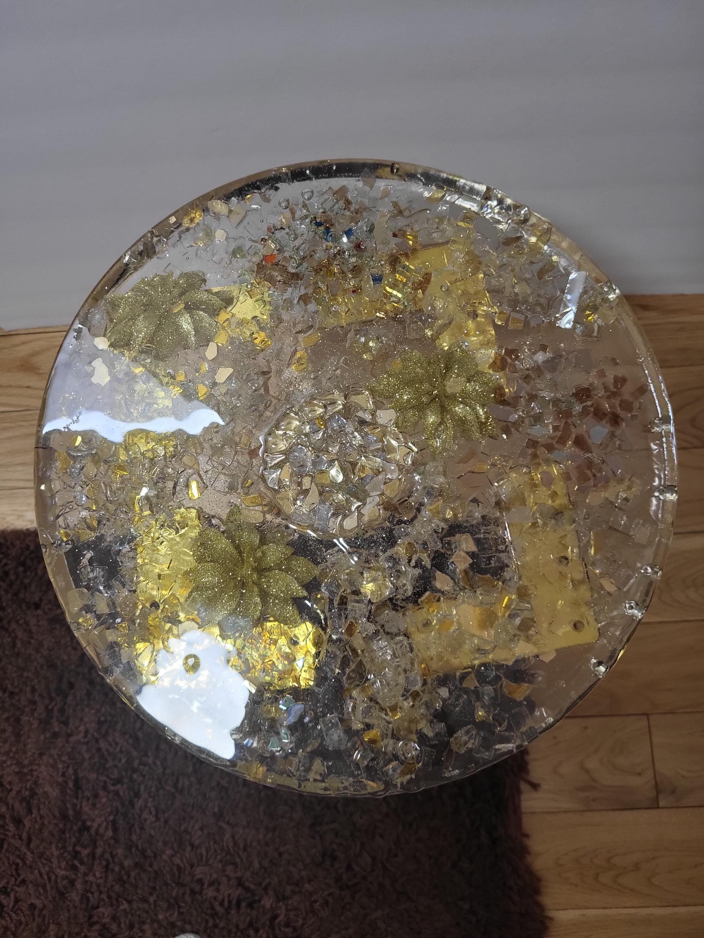 Golden hand-designed Resin Artwork Table with encased Crystals: Accent Decor Table