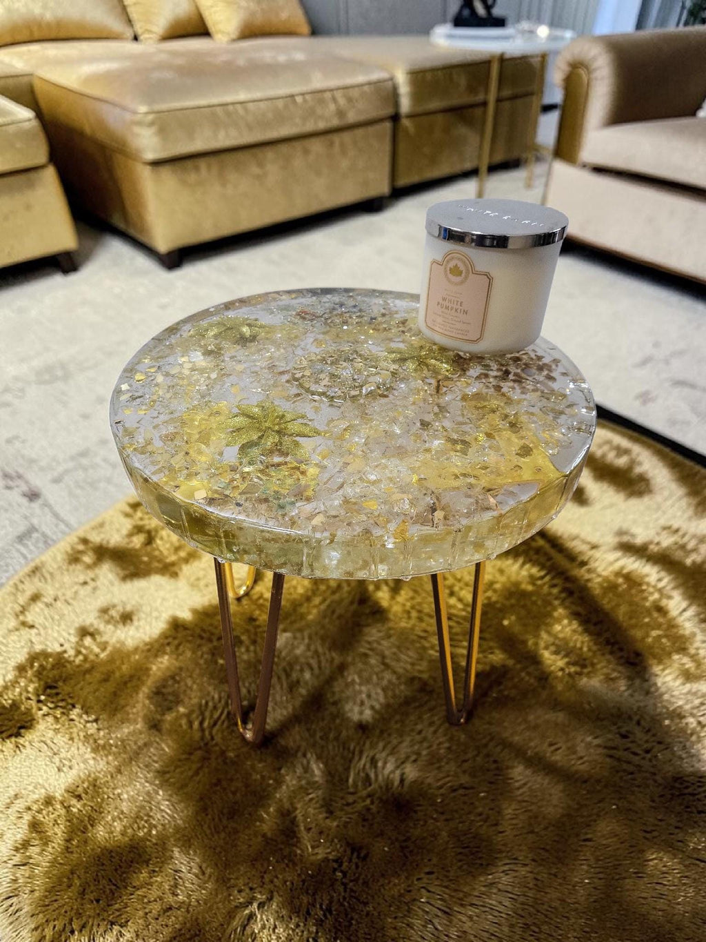Golden hand-designed Resin Artwork Table with encased Crystals: Accent Decor Table