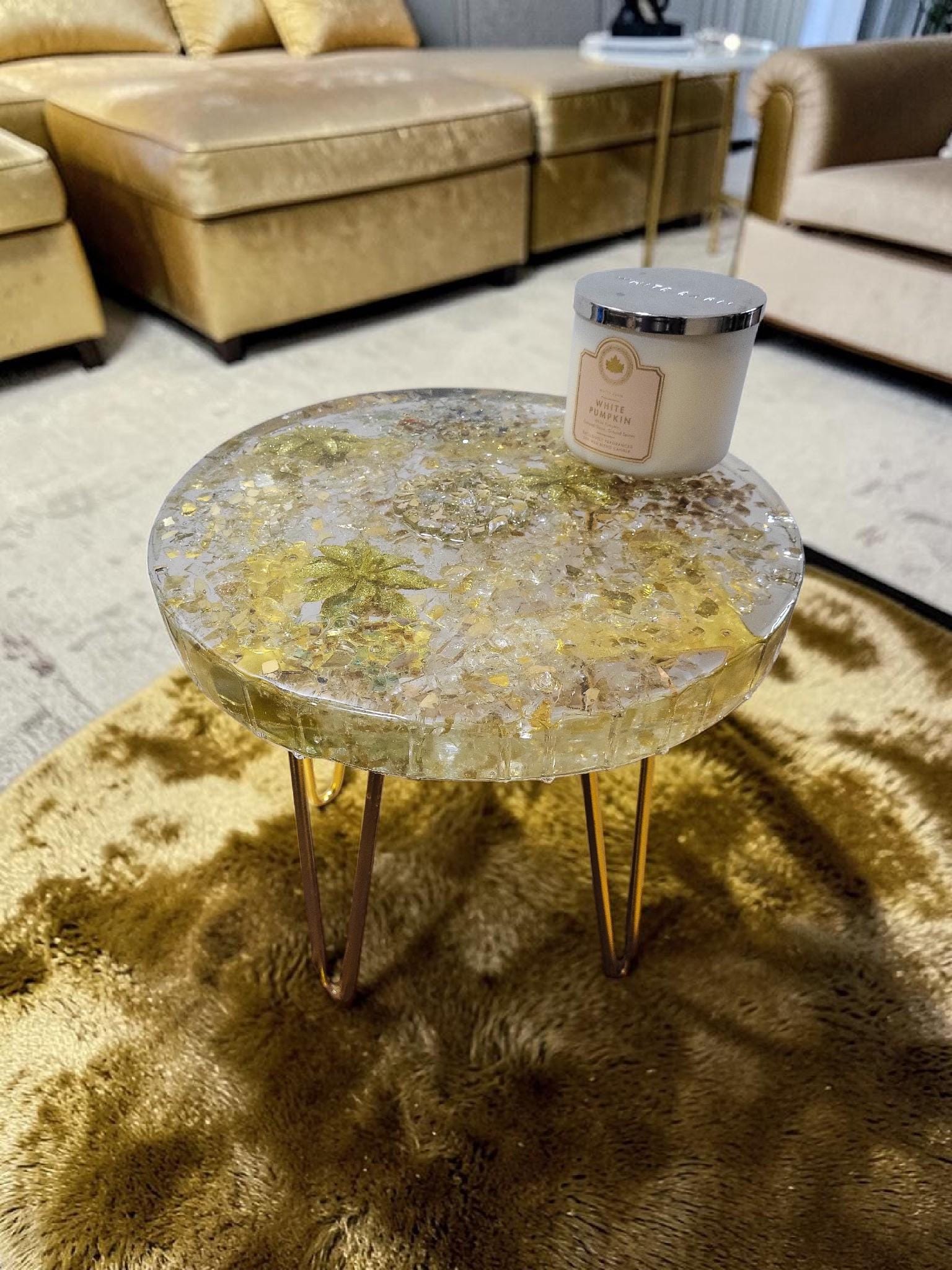 Golden hand-designed Resin Artwork Table with encased Crystals: Accent Decor Table