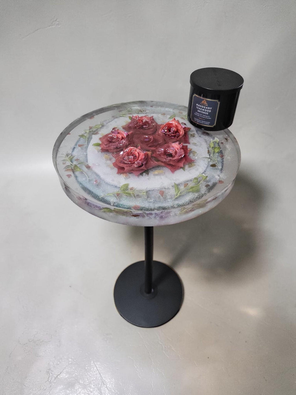 Pink Floral Roses Hand-designed Resin Artwork Table with Crystals: Accent Decor Table