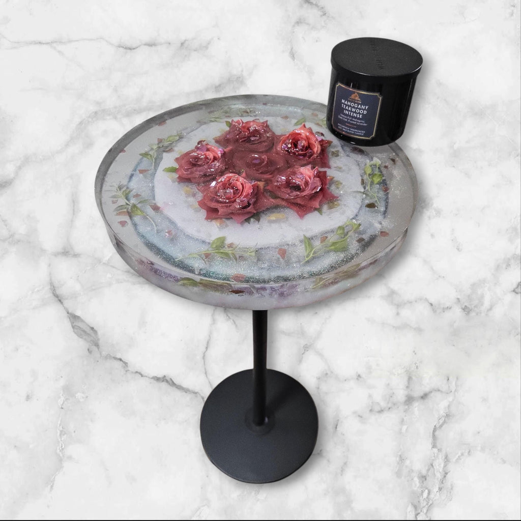 Pink Floral Roses Hand-designed Resin Artwork Table with Crystals: Accent Decor Table