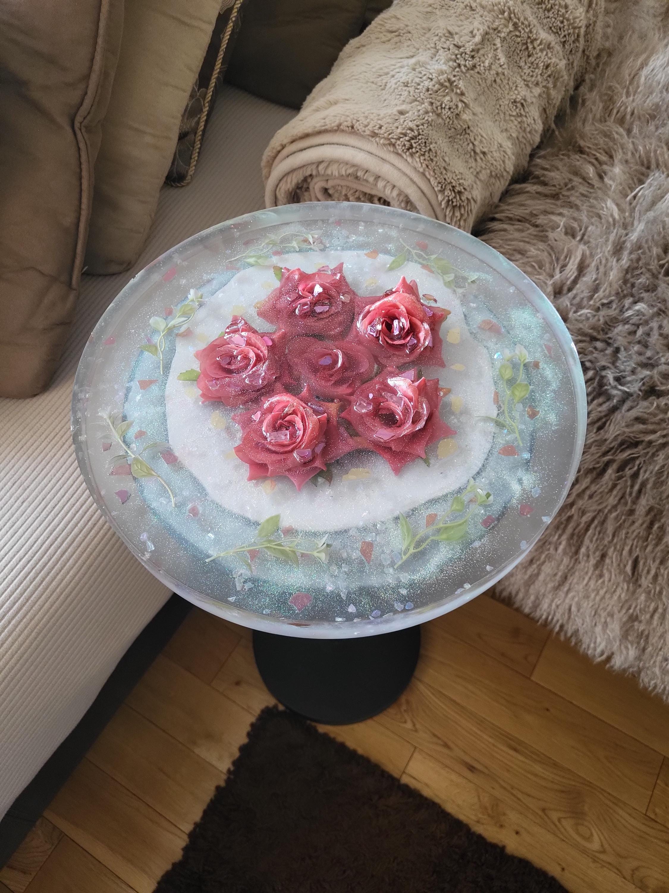 Pink Floral Roses Hand-designed Resin Artwork Table with Crystals: Accent Decor Table