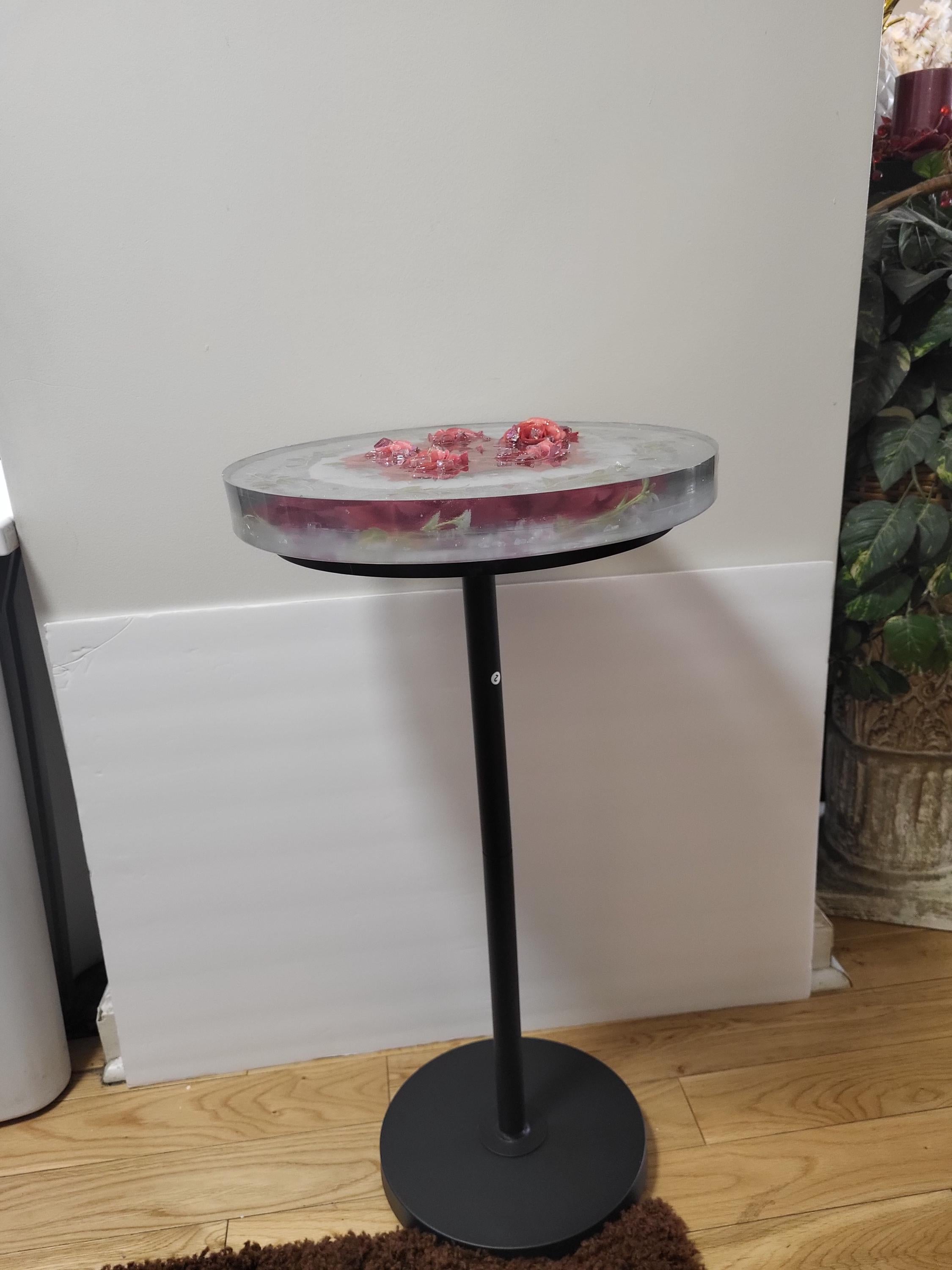 Pink Floral Roses Hand-designed Resin Artwork Table with Crystals: Accent Decor Table