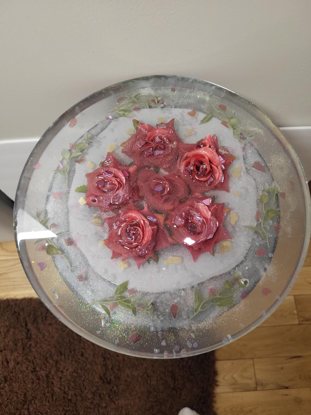 Pink Floral Roses Hand-designed Resin Artwork Table with Crystals: Accent Decor Table