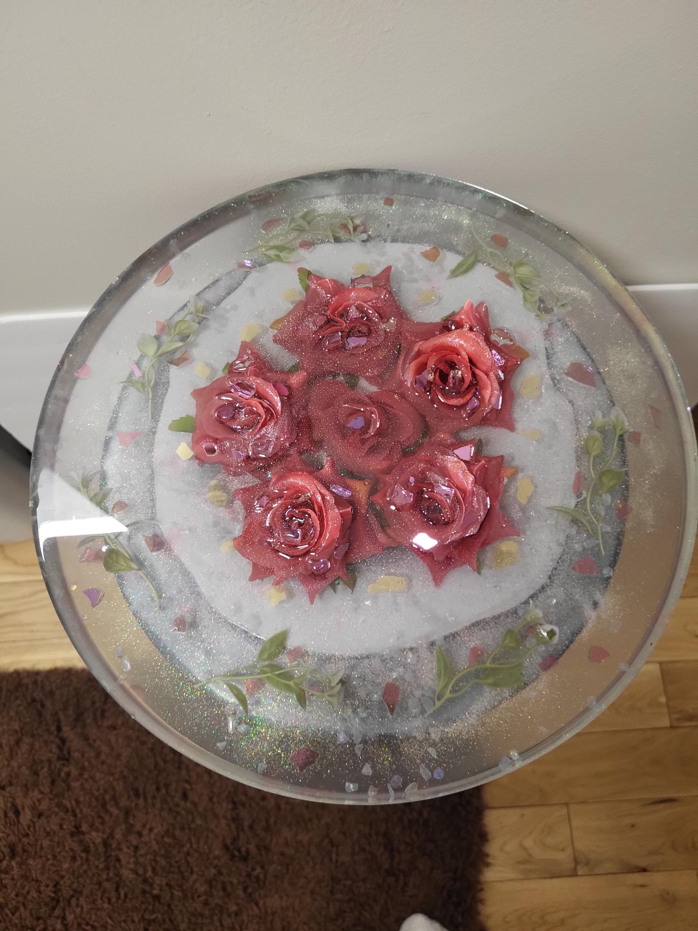 Pink Floral Roses Hand-designed Resin Artwork Table with Crystals: Accent Decor Table