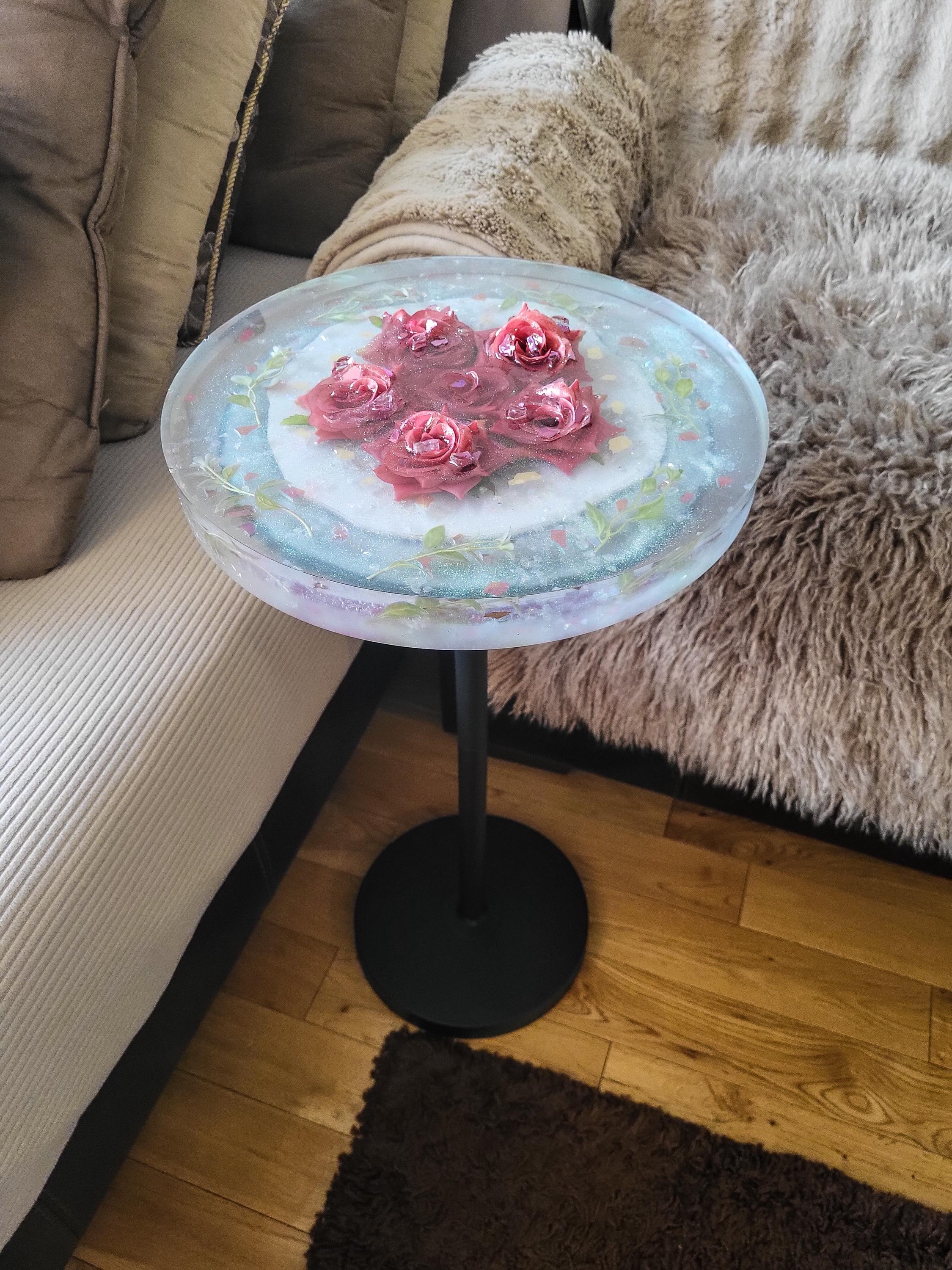 Pink Floral Roses Hand-designed Resin Artwork Table with Crystals: Accent Decor Table