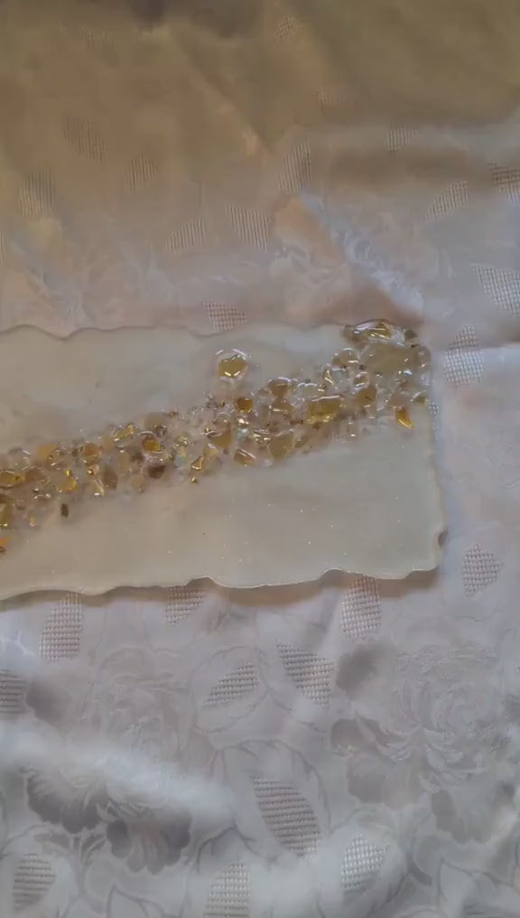 Hand-Designed Pearl White Resin Tray with Gold Crystals (7x13 Inch)