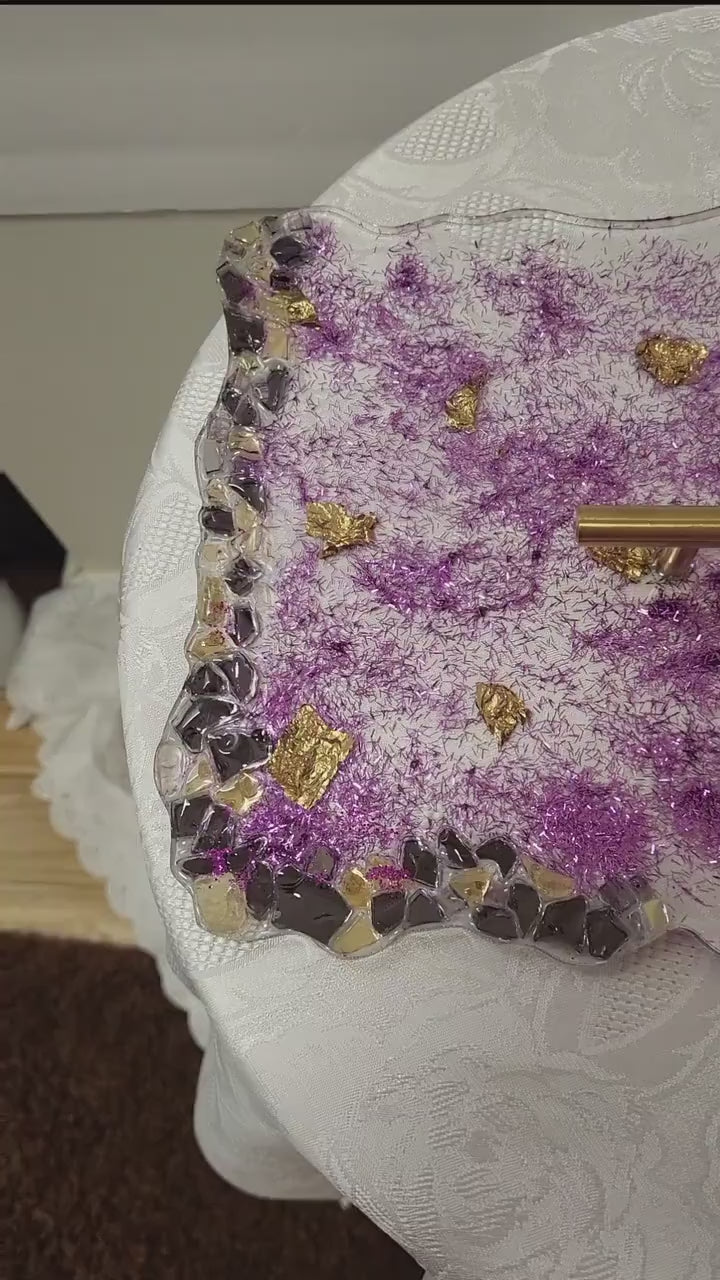 Hand-Designed Purple and Gold Acrylic Decor Tray with crystals