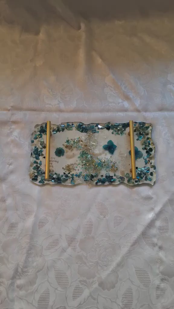 Hand-Designed Crystallized Tray – Aqua Bluish Green Decorative Tray with Handles (6x12 inch)