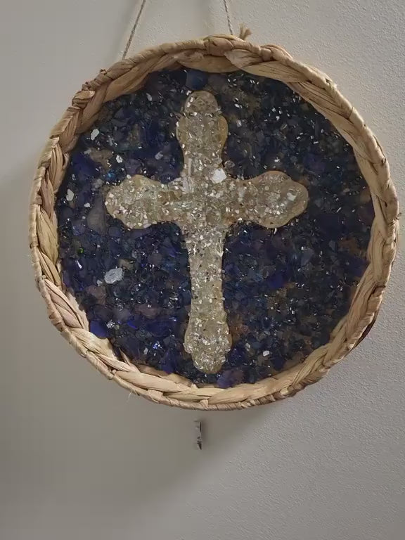 Handmade Blue Crush Glass Cross Decor, Metal & Wood Artwork