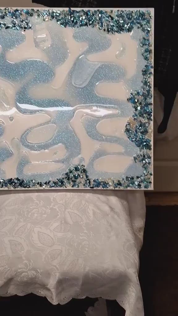 Resin Crystal Artwork: Metallic Aqua Blue-Green Hanging Decor. Size 20x24