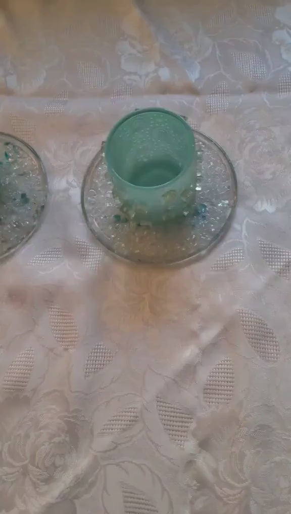 Handcrafted Iridescent Aquamarine Crystallized Votive Candle Holders - Set of 2