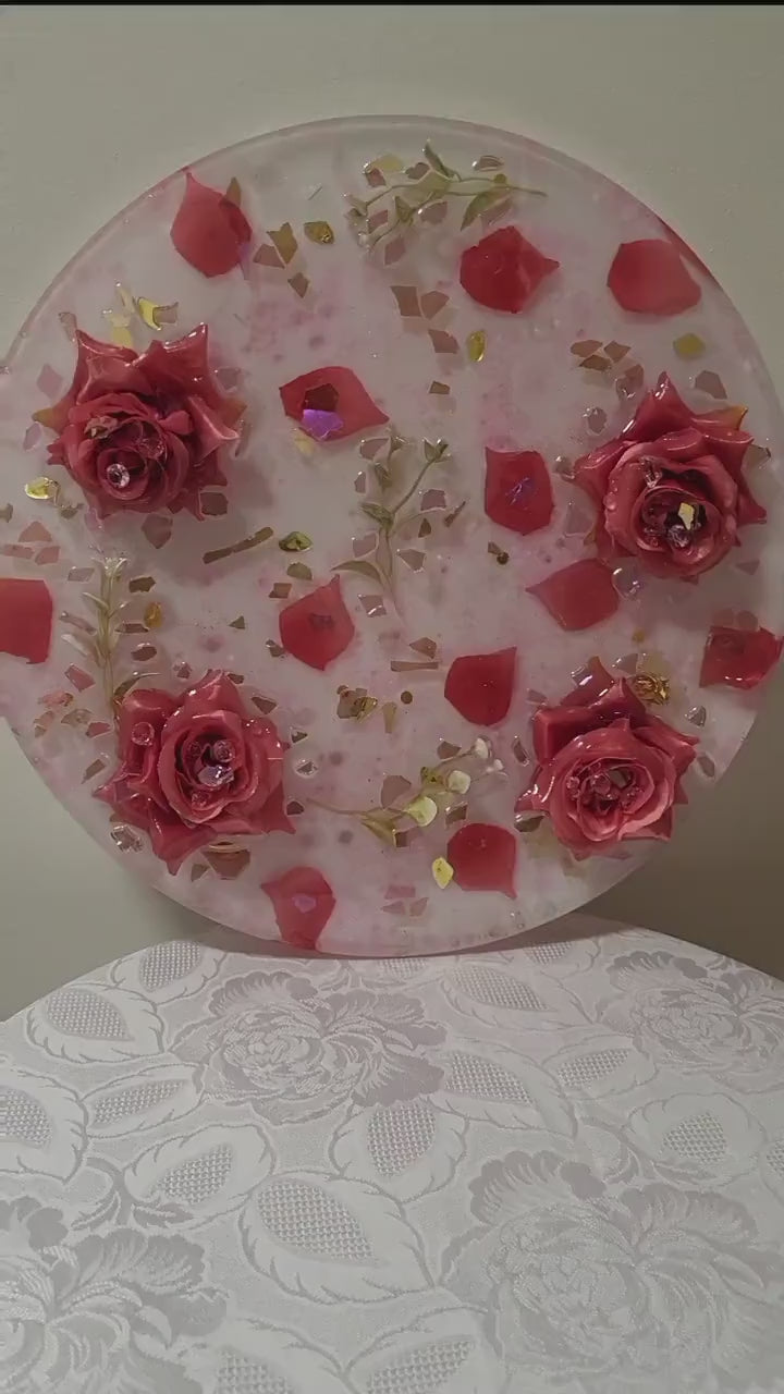 3D Resin Tray with Gold and Pink Crystals and Floral Inlay, Elegant Home Decor