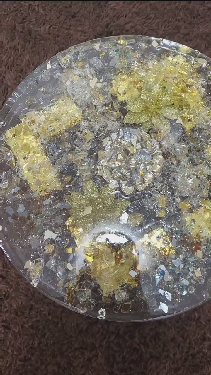 Golden hand-designed Resin Artwork Table with encased Crystals: Accent Decor Table