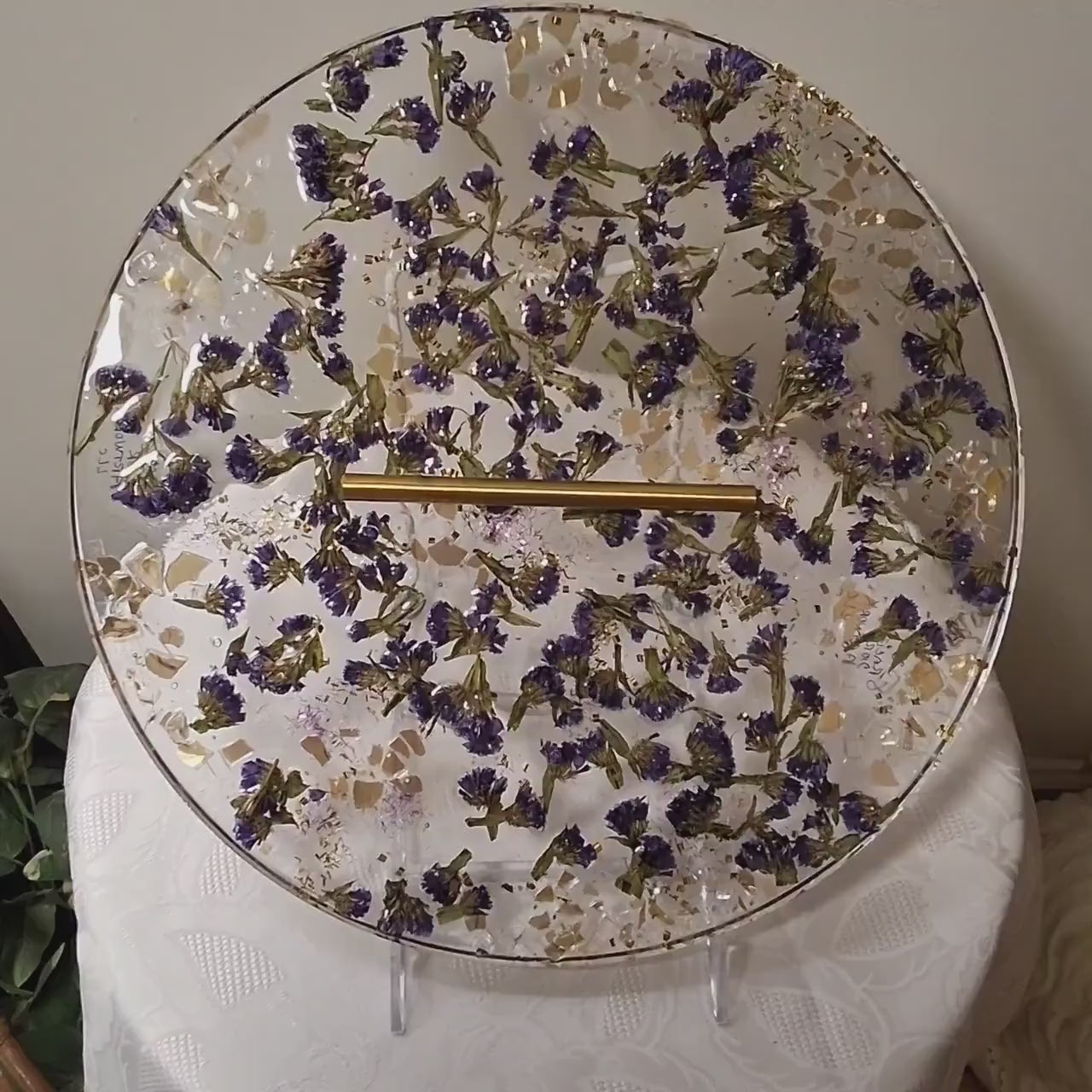Purple Flower Resin Tray with Gold Crystal Handle, 3D Decor