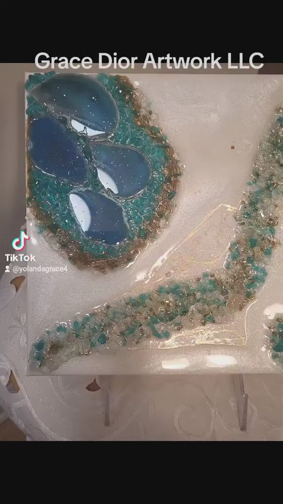 Aqua Blue Crystal Resin Artwork – Hanging Home Decor. Size 10x10
