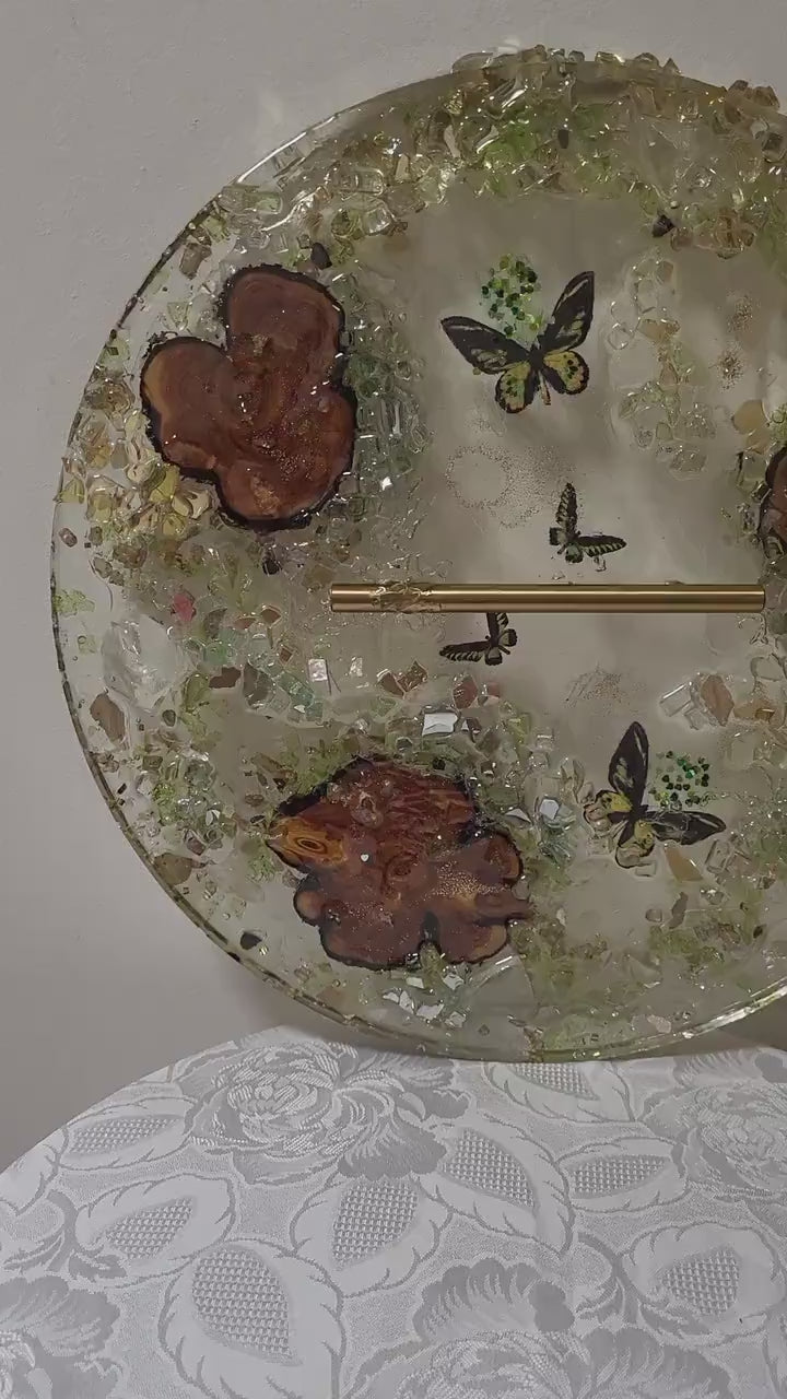 3D Resin Tray with Gold Crystals and Wood Inlay, Elegant Home Decor