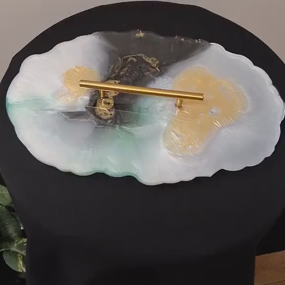 Resin Tray Artwork, Aqua Green, Black, White & Gold