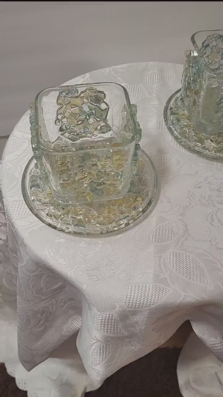 Blue/Gold Crystallized Votive Candle Holders - Handcrafted 3D Pair