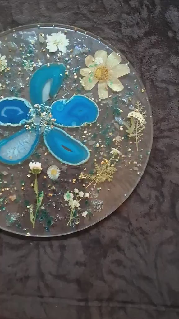 3D Resin Tray, Teal and Yellow Crystals, Elegant Home Decor