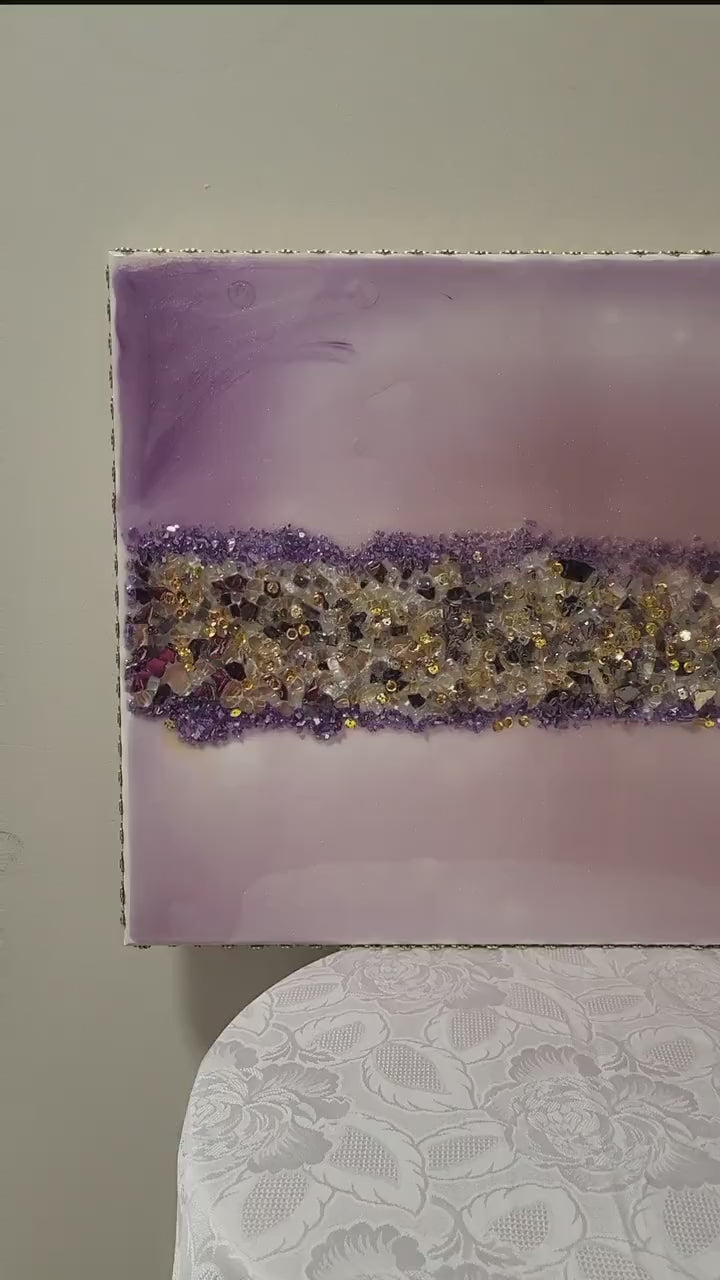 3D Abstract Crystal/Resin Canvas Painting, Gold/Purple/Clear Artwork (16x20) SET OF 2 PIECES