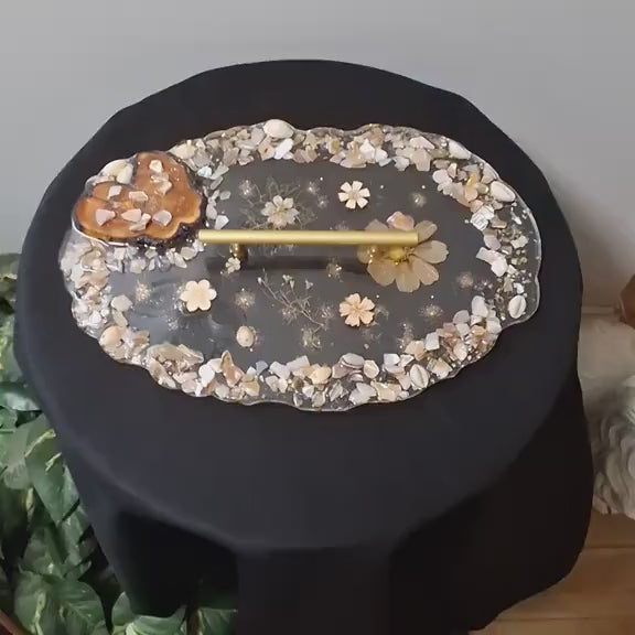 Floral & Pearl Crystal Resin Tray - Elegant Earth Tone Bathroom Decor
