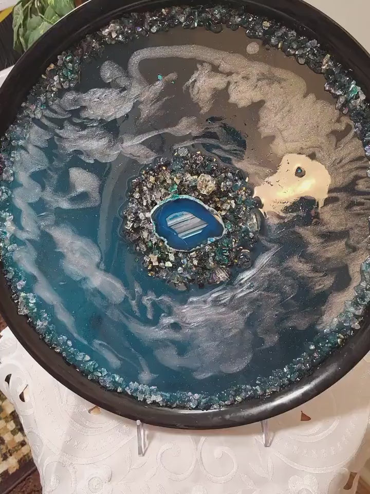 Teal Blue Resin Tray with Crystals, Metallic White Organizer