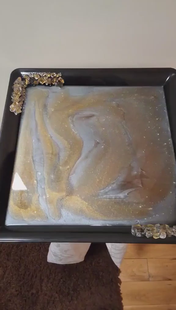 Hand-Designed Gold & White Resin Tray, 3D Crystallized Decor