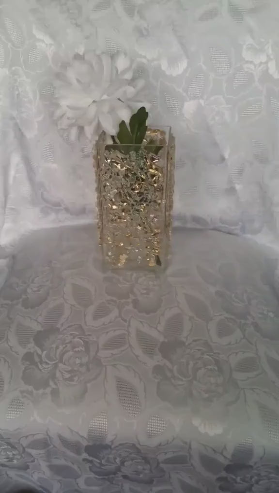 Gold Crystallized Square Glass Vase, Sophisticated Home Decor
