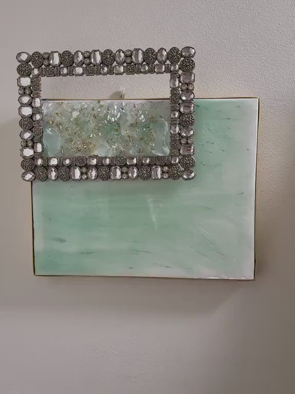 Aqua Green Crystallized 3D Artwork with Gold Frame