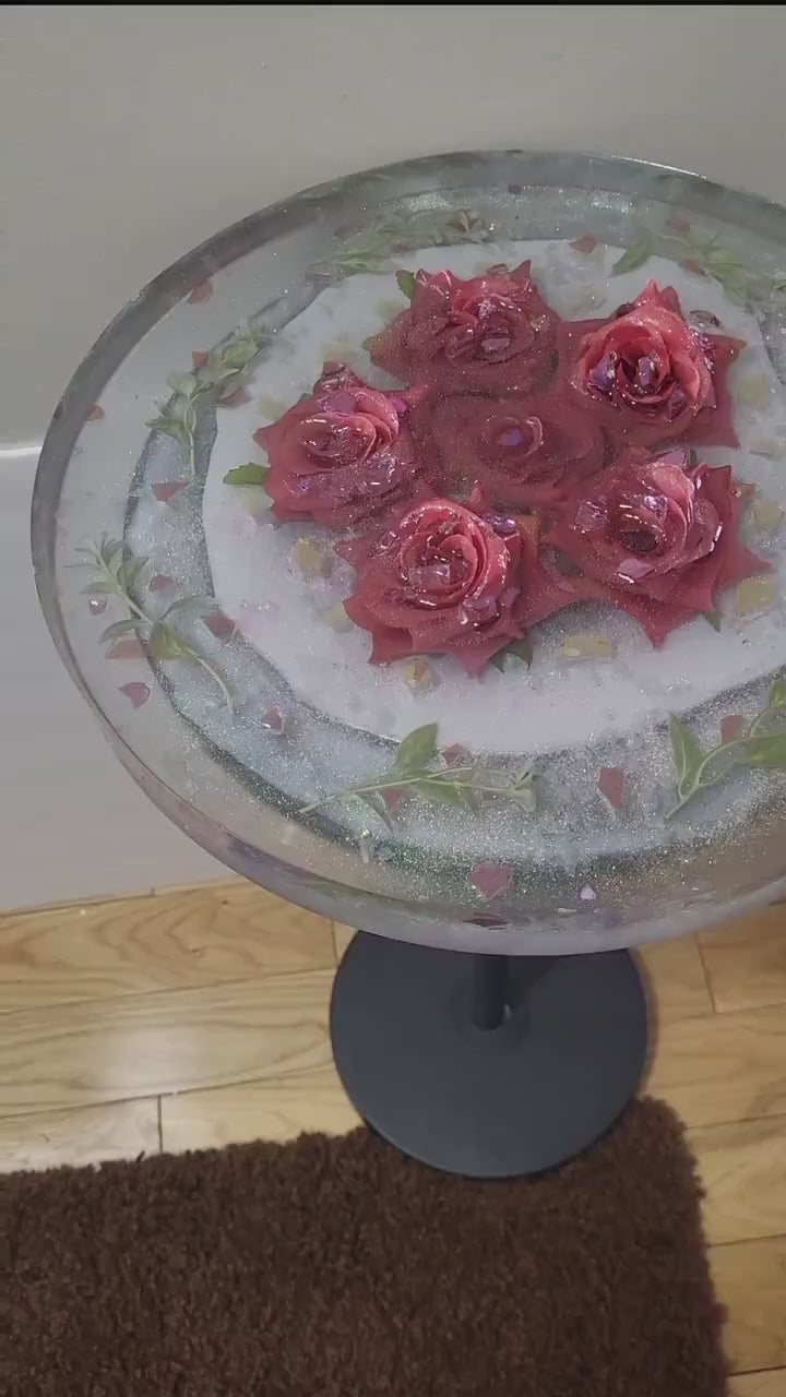 Pink Floral Roses Hand-designed Resin Artwork Table with Crystals: Accent Decor Table