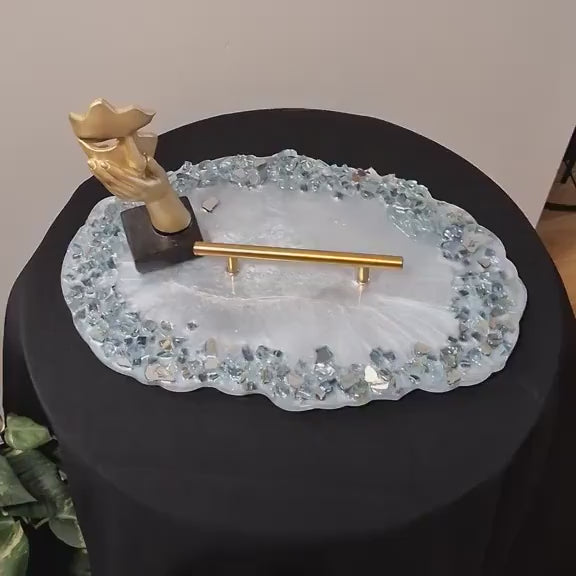 Resin Tray – Blue Crystals, Gold Handle, Elegant Home Decor