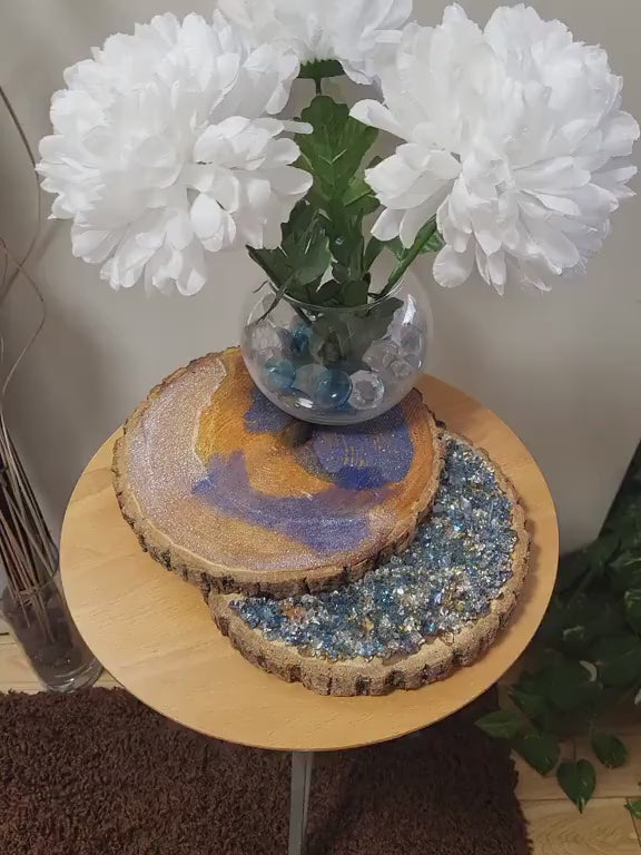 Hand Designed 3D Wood Slice Decor, Elegant Crystallized Artwork