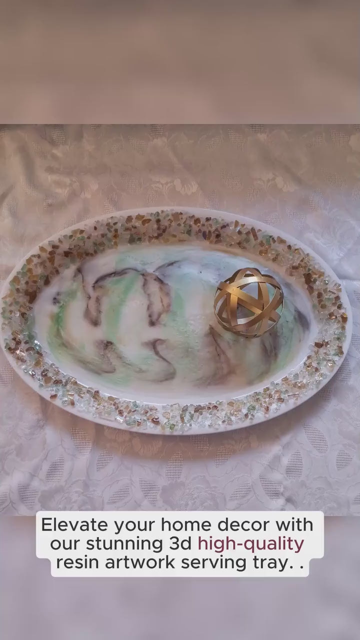 3D Resin Artwork Serving Tray: Green, Brown, Gold Crystals, Home Decor (14x21)