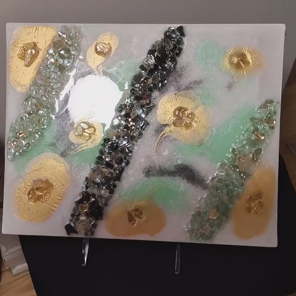 Gold Leaf Resin Painting: Black, White & Green Acrylic Art. Size 11x14