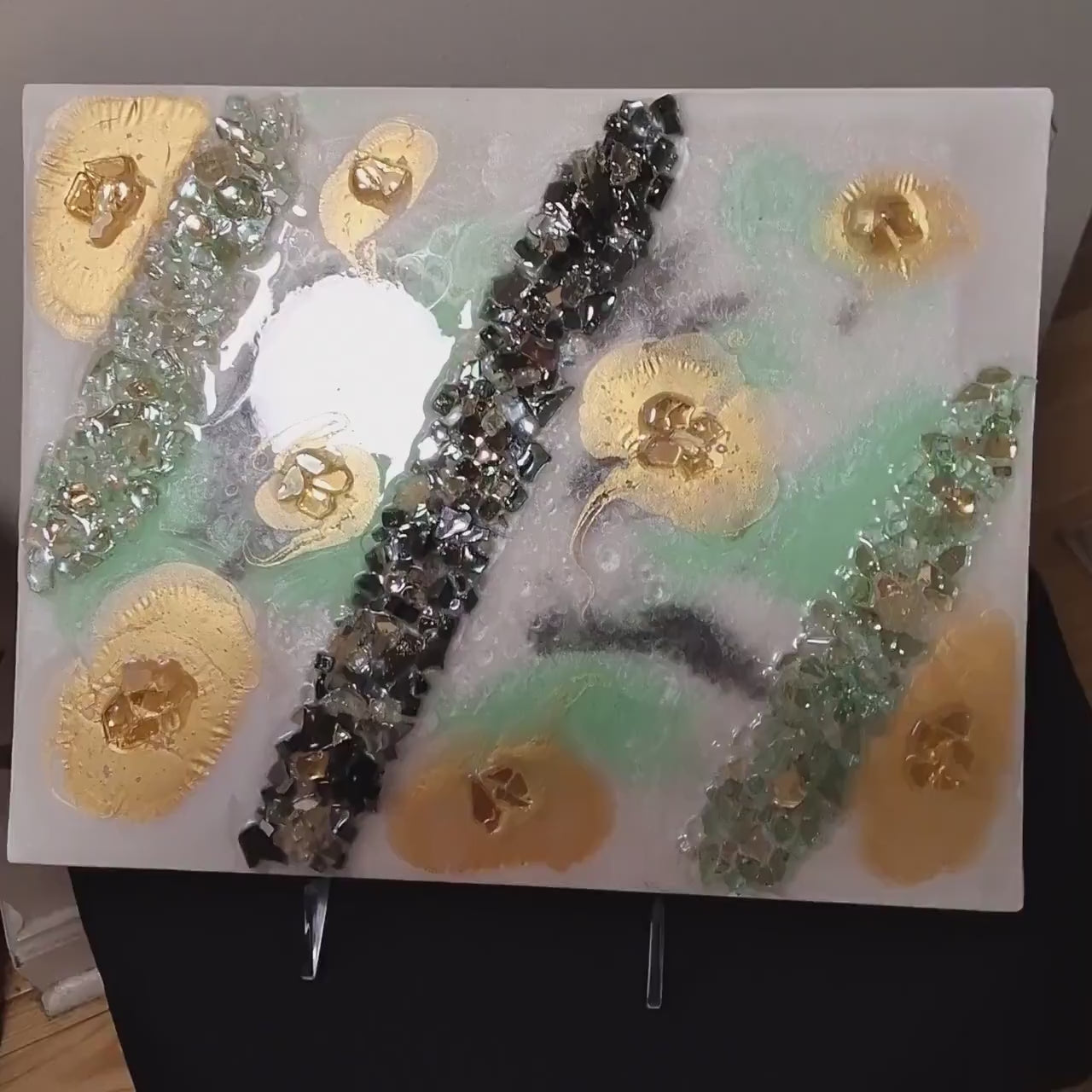 Gold Leaf Resin Painting: Black, White & Green Acrylic Art. Size 11x14