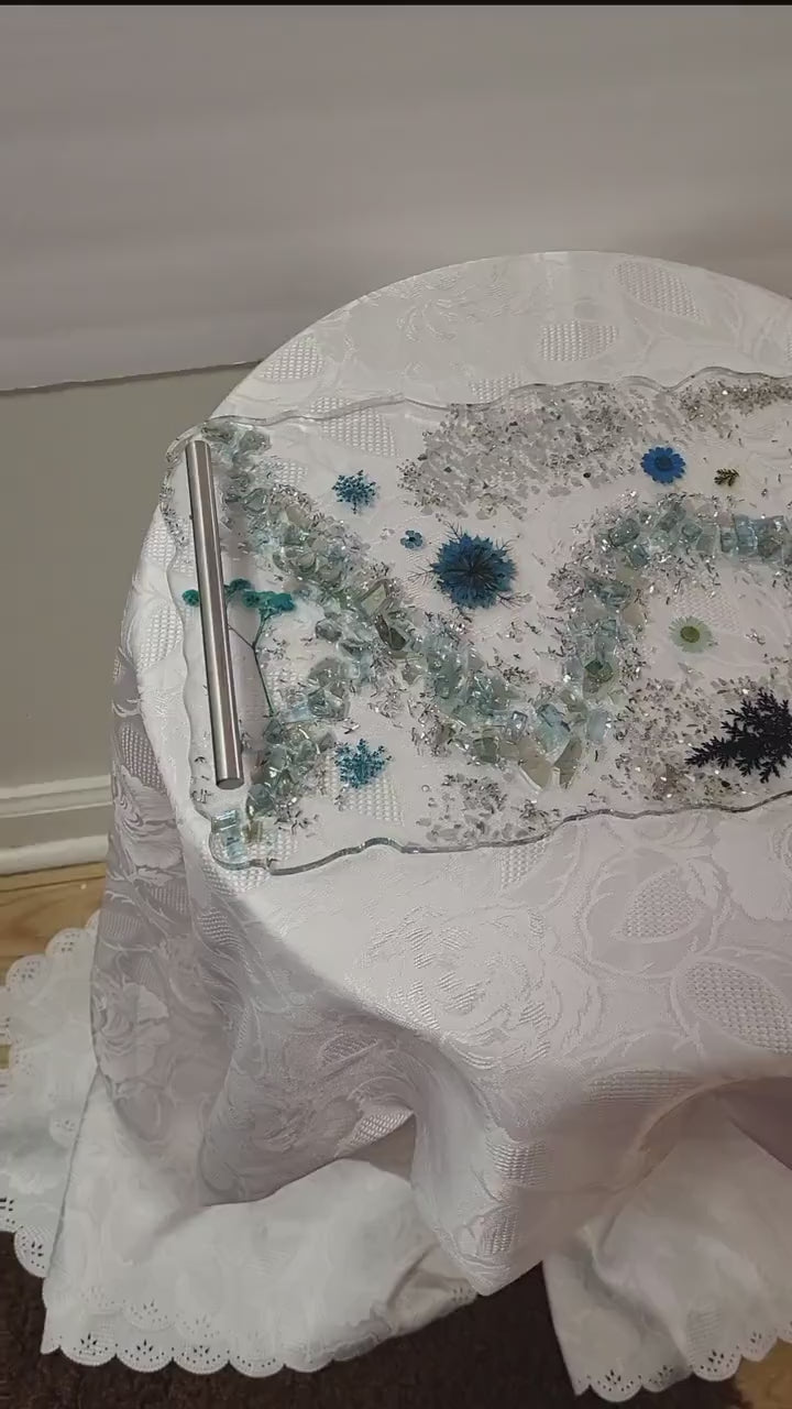 Hand-Designed Clear Acrylic Decor Tray with blue/silver crystals and blue encased floral