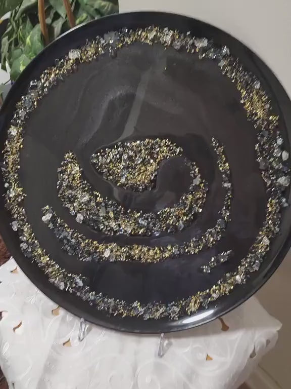 Resin Tray Artwork – Metallic Black with Crystals and Gold