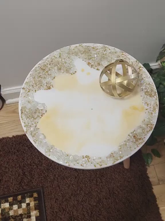 Crystalized Resin Table: Yellow Gold & Metallic White, Glam Home Decor