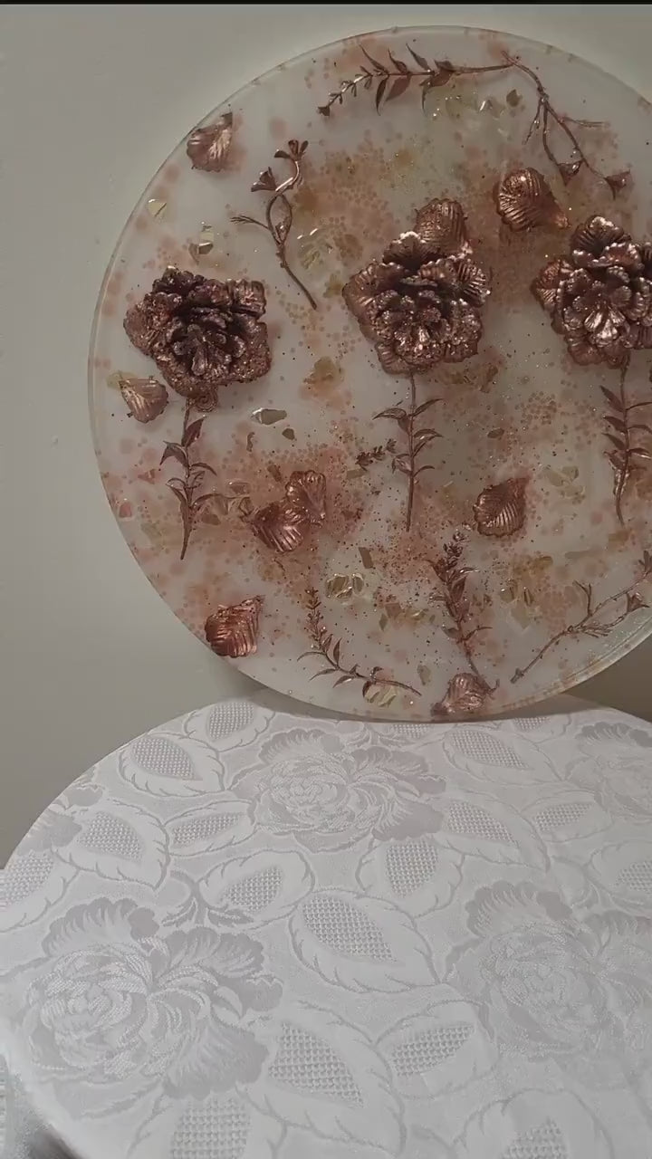 3D Resin Tray with Gold and Crystals and Floral Inlay, Elegant Home Decor