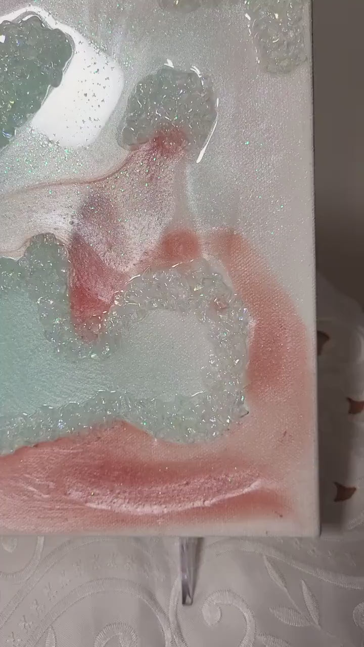 Iridescent Crystal Resin Painting - Pink, Aqua Green Hanging Decor. Size 10x10