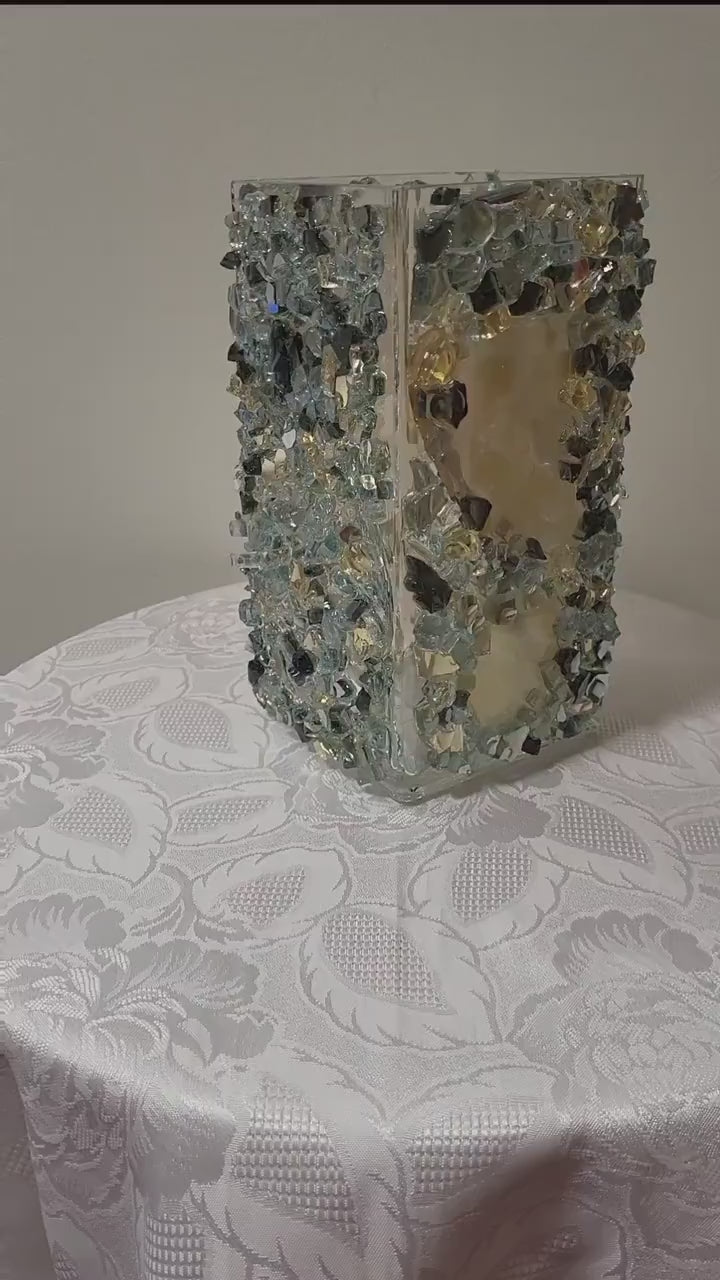 Black/Gold/Clear Crystallized Glass Vase - Glam Square Flower Display