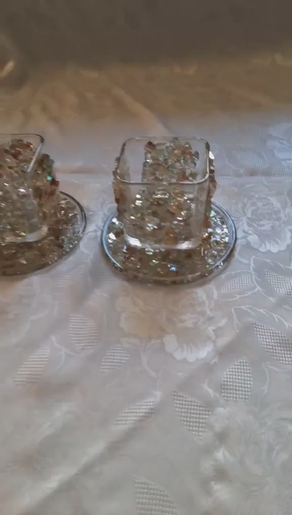 Crystallized Votive Candle Holders: Brown, Gold, Green, Home Decor (Pair)